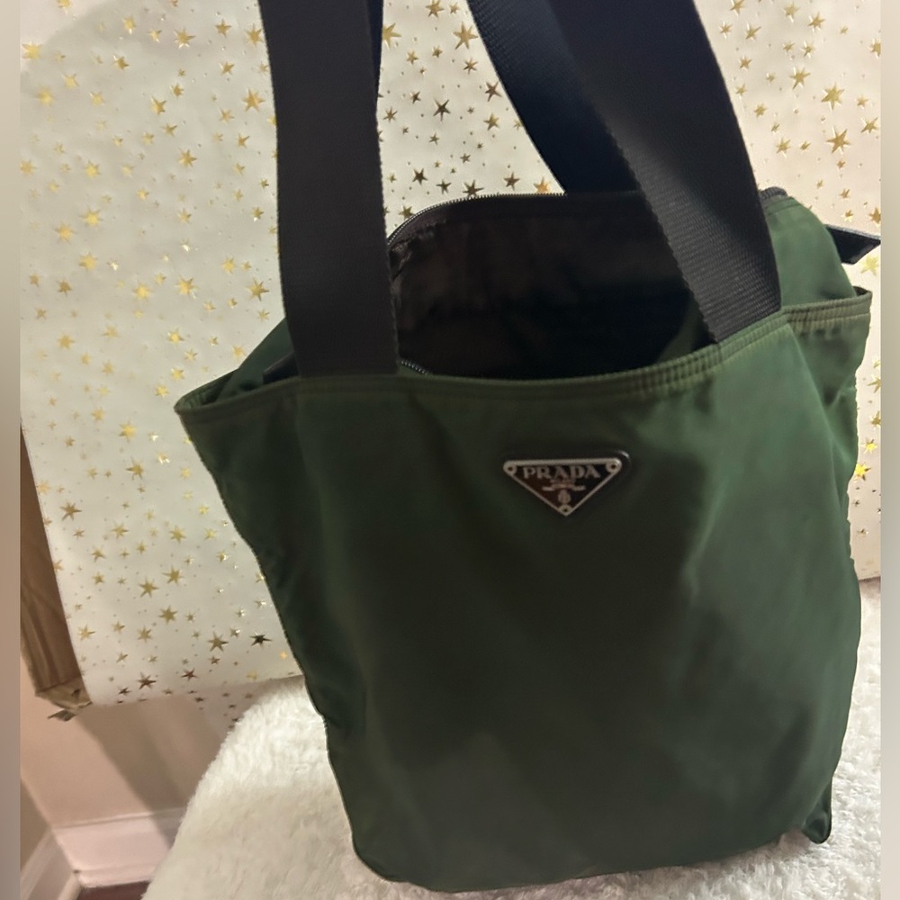 Olive Green and Brown PRADA Tessuto Nylon and leather beach/park/anywhere Tote!!